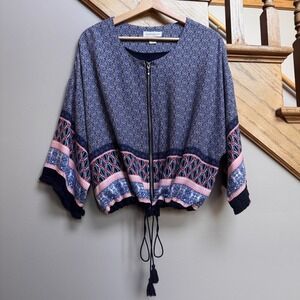 Christopher & Banks Women Geometric Zip Front Crop Top L Artsy Funky Boho Flowy